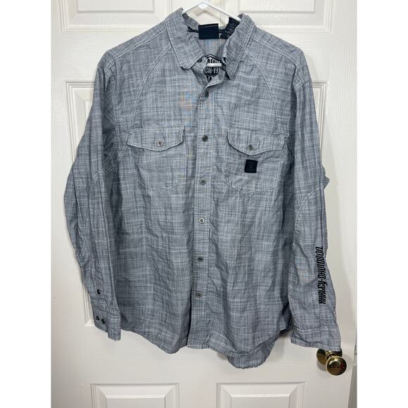 Harley Davidson Mens Large Patent Dates Milwaukee WI Charcoal Woven Shirt Biker - Picture 1 of 10